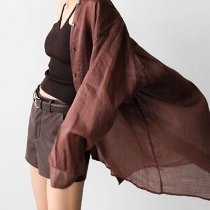 Linen oversized women's brown shirt. Linen brown shirt relaxed style